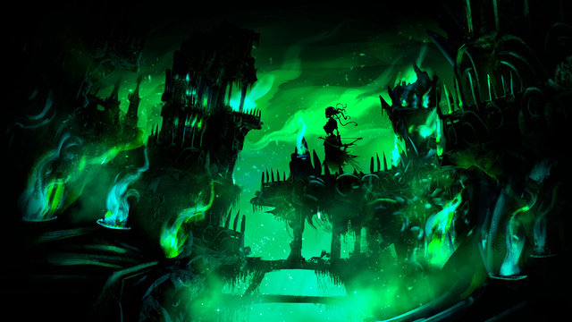 Necropolis, the city of the dead with many destroyed buildings, towers , bridges, covered with a mystical green flame, in the center of the composition hovers the Ghost of a woman with a bow . 2D 
