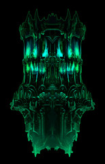 A magical, sinister necromancer's tower hovering on a black background, with a huge number of Windows, green mystical torches and patterns. 2D illustration