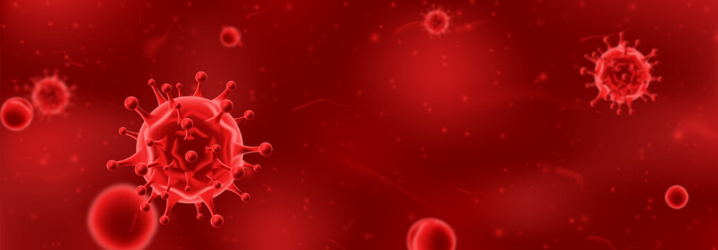 Horizontal banner concept with red viruses. Vector illustration with 3d microscopic bacteria and viruses. Coronavirus microbe cells in infected blood.