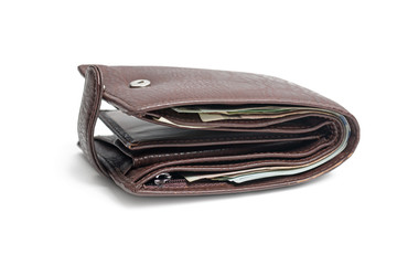 Leather wallet with money isolated - obrazy, fototapety, plakaty