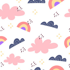 Seamless pattern with cartoon clouds, rainbow, decor elements. flat style, colorful vector for kids. hand drawing. baby design for textile, print, fabric, wrapper