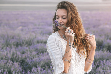 Boho styled model in lavender field