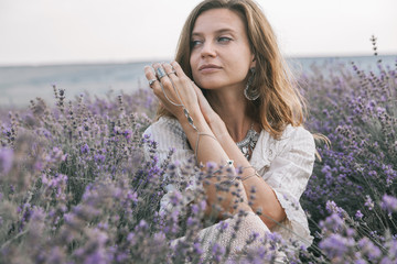 Boho styled model in lavender field