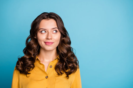 Close-up portrait of her she nice attractive lovely wavy-haired girl thinking creating new plan isolated over bright vivid shine vibrant green blue turquoise color background