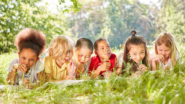 Children drink water with straw on meadow