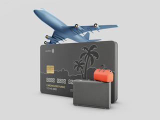 3d Rendering of Credit Card Suitcase with luggage and airplane, include clipping path