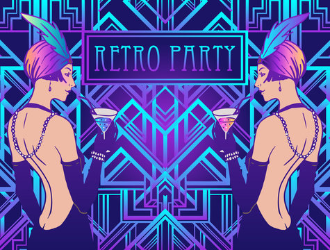 Flapper Girl. Art Deco, 1920s Style, Vintage Invitation Template Design For Drink List, Bar Menu, Glamour Event, Wedding, Jazz Party Flyer. Vector Illustration In Neon Colors.