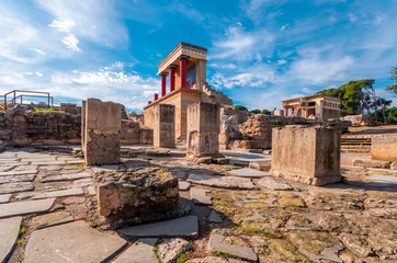 View at the ruins of the famous Minoan palace of Knossos ,the center of the Minoan civilisation and one of the largest archaeological sites in Greece.