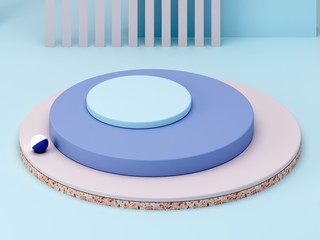 Minimal scene with podium and abstract background. Geometric shape. Blue pastel colors scene. Minimal 3d rendering. Scene with geometrical forms and cream background. 3d render.