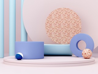 Minimal scene with podium and abstract background. Geometric shape. Blue pastel colors scene. Minimal 3d rendering. Scene with geometrical forms and cream background. 3d render.