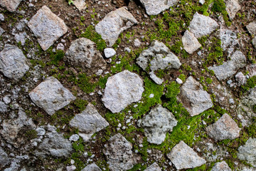 texture of ancient Roman walls, ruins with moss and grass. abstract background of reticulated walls of ancient rome