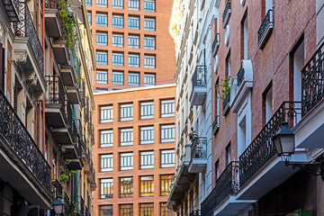 Spanish architecture on Madrid street. Madrid building facade.