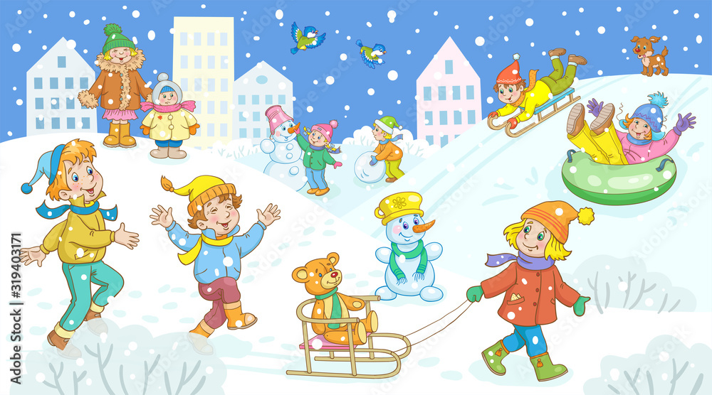 Sticker Winter activities. Cute funny children play, sculpt a snowman, ride down the hill and walk around the winter city. In cartoon style. Vector illustration.