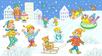 Winter activities. Cute funny children play, sculpt a snowman, ride down the hill and walk around the winter city. In cartoon style. Vector illustration.
