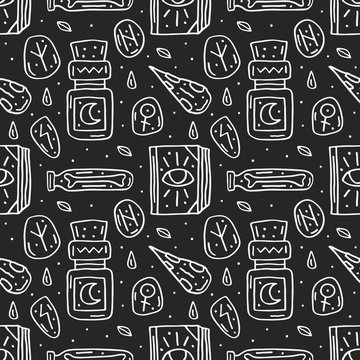 Witchcraft cute vector doodle hand drawn seamless pattern, background, texture. Isolated on dark background. Different magic tools, equipment. Alchemistry, talismans, plants. Decorative element. 