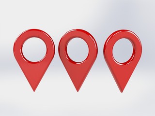 LOCATION pin glossy red arrow. The concept of tagging a sign landmark needle tip to create a route search. Isolated on white background 3D rendering 3D. – Illustration  