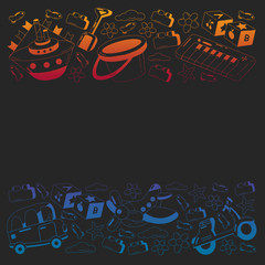 Kindergarten vector pattern with toys. Children play and grow together.
