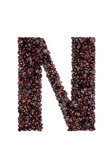 Letter N of the English alphabet of freshly roasted cocoa beans on a white isolated background. coffee pattern made from coffee beans