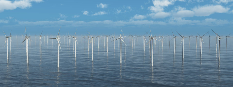Massenhafte Ansammlung von Windkraftanlagen im Meer