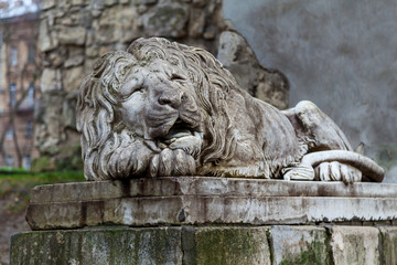 A stone sculpture of a lion