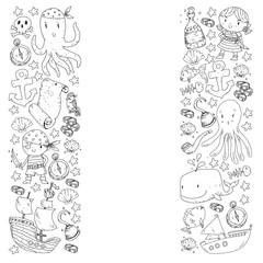 Pirate party. Illustrations for little children. Kids birthday celebration with treasure island, octopus, pirates