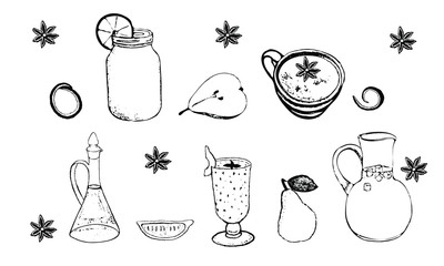 Set of beverage. Fresh organic smoothie, jug of ice cocktail, cup of coffee with almond, decanter with liquor, food concept in sketch style. Doodles, hand drawn types of alcoholic and non-alcoholic dr