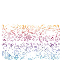 Pirate party. Illustrations for little children. Kids birthday celebration with treasure island, octopus, pirates