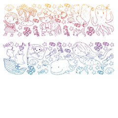 Pirate party. Illustrations for little children. Kids birthday celebration with treasure island, octopus, pirates