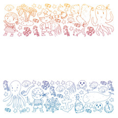 Pirate party. Illustrations for little children. Kids birthday celebration with treasure island, octopus, pirates