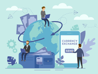 Currency Exchange Concept. Flat Tiny Business Persons on the Planet Earth Background With Big Smartphone and Wallet. Economical process to trade euro, dollar, or yen. Flat Style. Vector Illustration