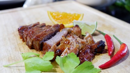 grilled beef steak with vegetables on white plate