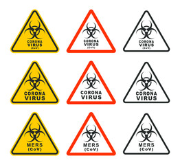 MERS Corona Virus warning icon shape. biological hazard risk logo symbol. Contamination epidemic virus danger sign. vector illustration image. Isolated on white background. 