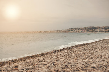 Nice, France September 2019. Panoramic view of Nice coastline and beach with blue sky, France. Cloudy day in Nice.