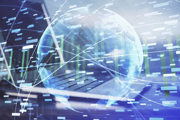 Multi exposure of business theme icons and work space with computer background. Concept of success.