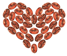 Heart made of coffee beans, watercolor (2)