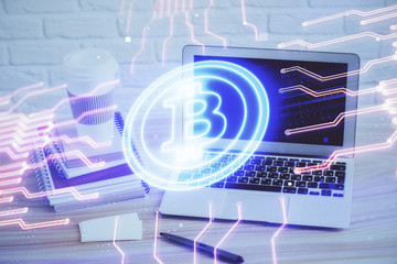 Double exposure of blockchain theme hologram and table with computer background. Concept of bitcoin...