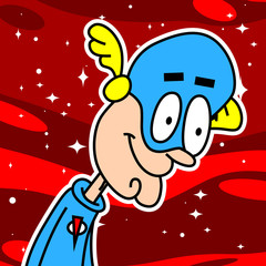 Senior smiling superhero in blue costume. Vector retro style funny cartoon character.