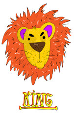 Cute lion head illustration with king text. Vector cartoon doodle.