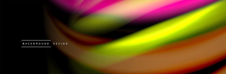 Silk and smooth flow wave poster design. Color waves, liquid style lines and shapes in black color background