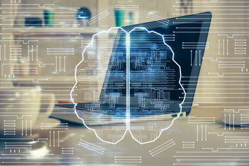 Multi exposure of work table with computer and brain hologram. Brainstorm concept.