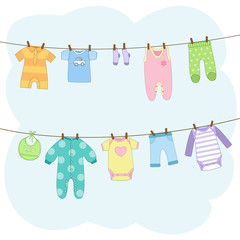 Clean baby clothes hanging on a ropes. T-shirt, dress, romper, bodysuit, pants, bib, socks. Icon collection or elements for invitation. Vector illustration in cartoon style