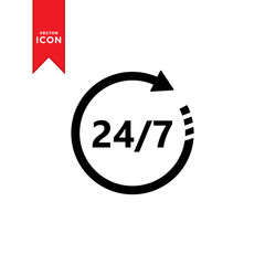 24/7 times icon vector. 24/7 sign open around the clock symbol. Flat design style on white background.