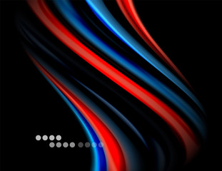 Silk smooth lines on black, liquid fluid color waves. Vector Illustration