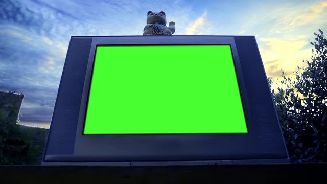 Maneki Neko Cat over an Old TV with Green Screen at Evening Sky. Low View. You can replace green screen with the footage or picture you want. You can do it with “Keying” effect in After Effects.