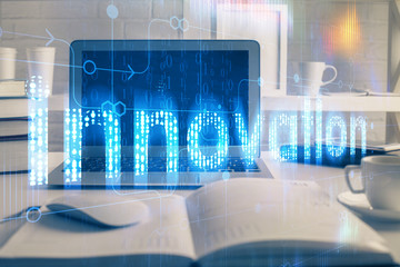 Technology theme drawing and work space with computer. Double exposure. Concept of innovation.
