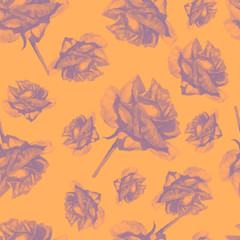 Patern seamless print textile roses flowers flowering watercolor hand-drawn garden gardening separately on orange background