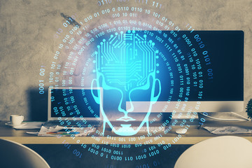 Double exposure of work table with computer and brain sketch hologram. Brainstorming concept.