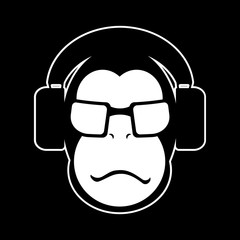 black and white music logo. Gorilla monkey in headphones and glasses.