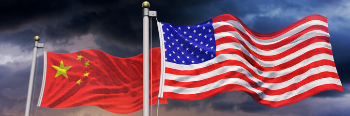 Obraz premium US-Flagge und China-Flagge wehen bei stürmischen Wetter