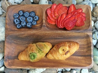Creme Brulee Croissant and Green tea Croissant and Strawberry and Blueberry